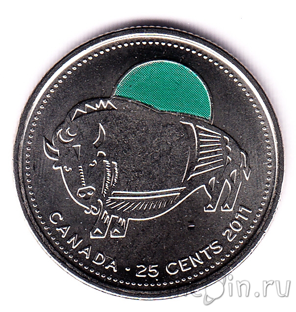 Канада 25 центов 2011 Бизон. Цветная. Интернет-магазин монет UniCoin