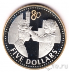 Каймановы острова 5 долларов 2006 80 лет Королеве